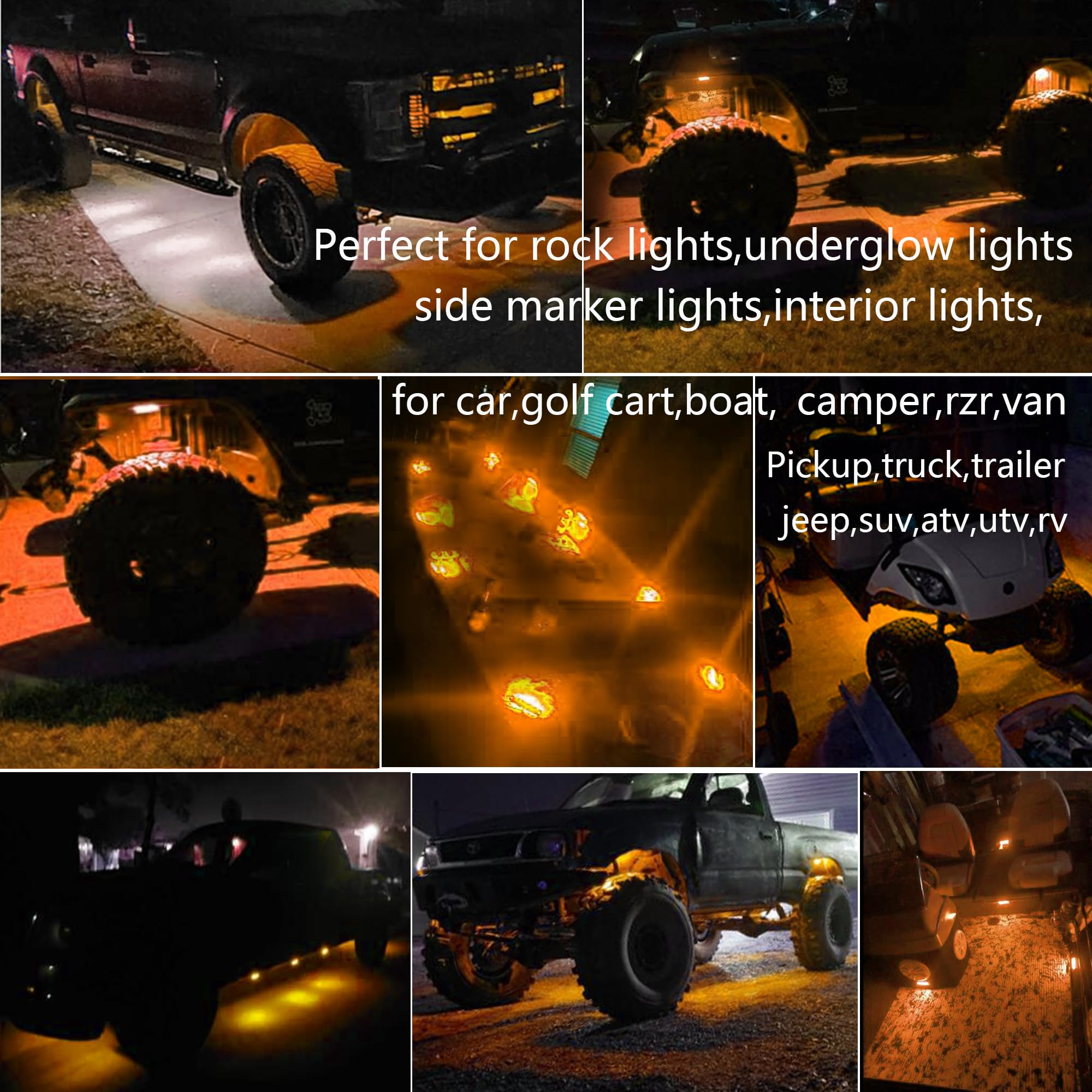 10 Pcs Amber LED Rock Strip Lights - Wheel Well Underglow Lighting Kit for Wrangler, Truck, Golf Cart, RV & SUV | Waterproof Off-Road Side Marker Lights | Perfect for Night Off-Roading, Car Shows & Custom Vehicle Lighting