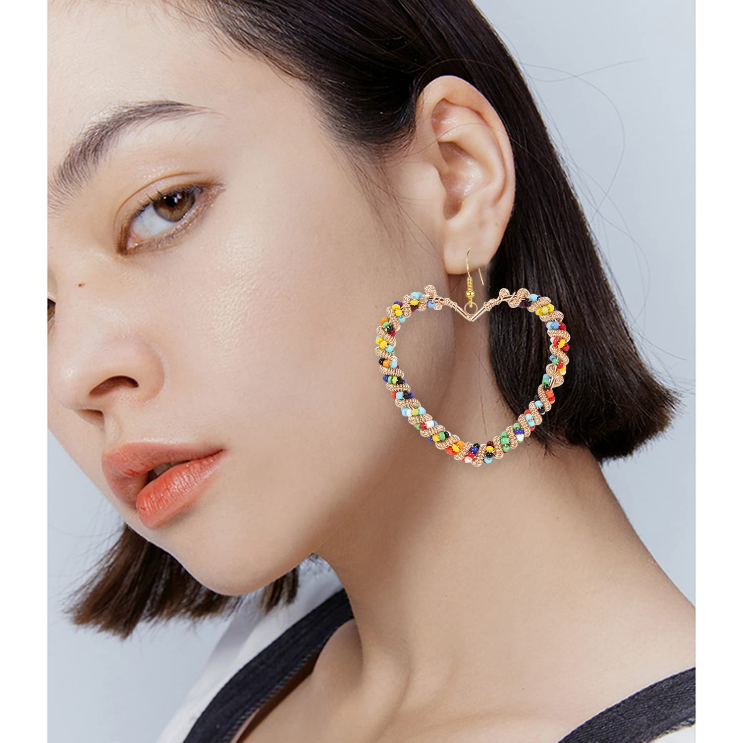 Handmade Boho Colorful Love Heart Beaded Hoop Earrings for Women - Bohemian Circle Round Beaded Dangle Drop Earrings, Unique Chic Oval Geometry Jewelry - Perfect for Festival, Wedding, Party & Funny Gift Giving