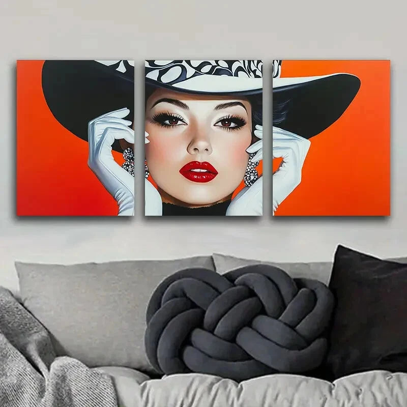 3pcs Fashionable Woman in Black Hat Metal Wall Art Prints - Ready to Hang Home Decor for Living Room, Bedroom & Office