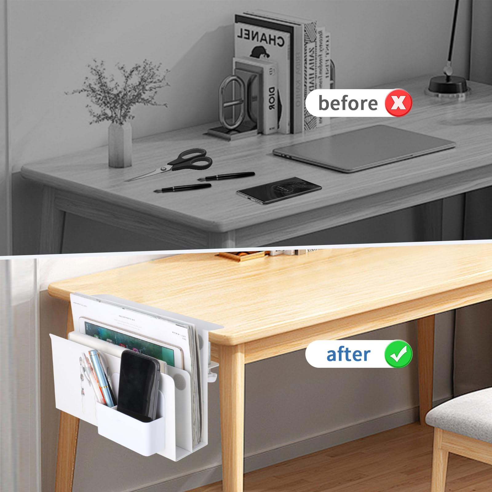2 Tier Under Desk Organizer with Magnetic Pen Holder - No Drill Clamp-On Laptop & Office Storage for Tables (0.3