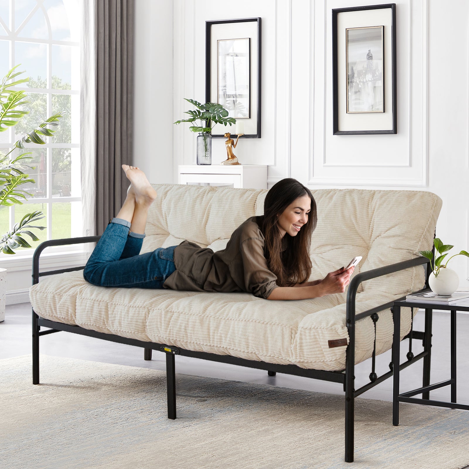 MAXYOYO 6-Inch Tufted Futon Sofa Bed - Thick Corduroy Fabric Floor Mattress for Adults (Mattress Only) in Beige | Perfect for Small Spaces, Guest Rooms & Dorm Rooms