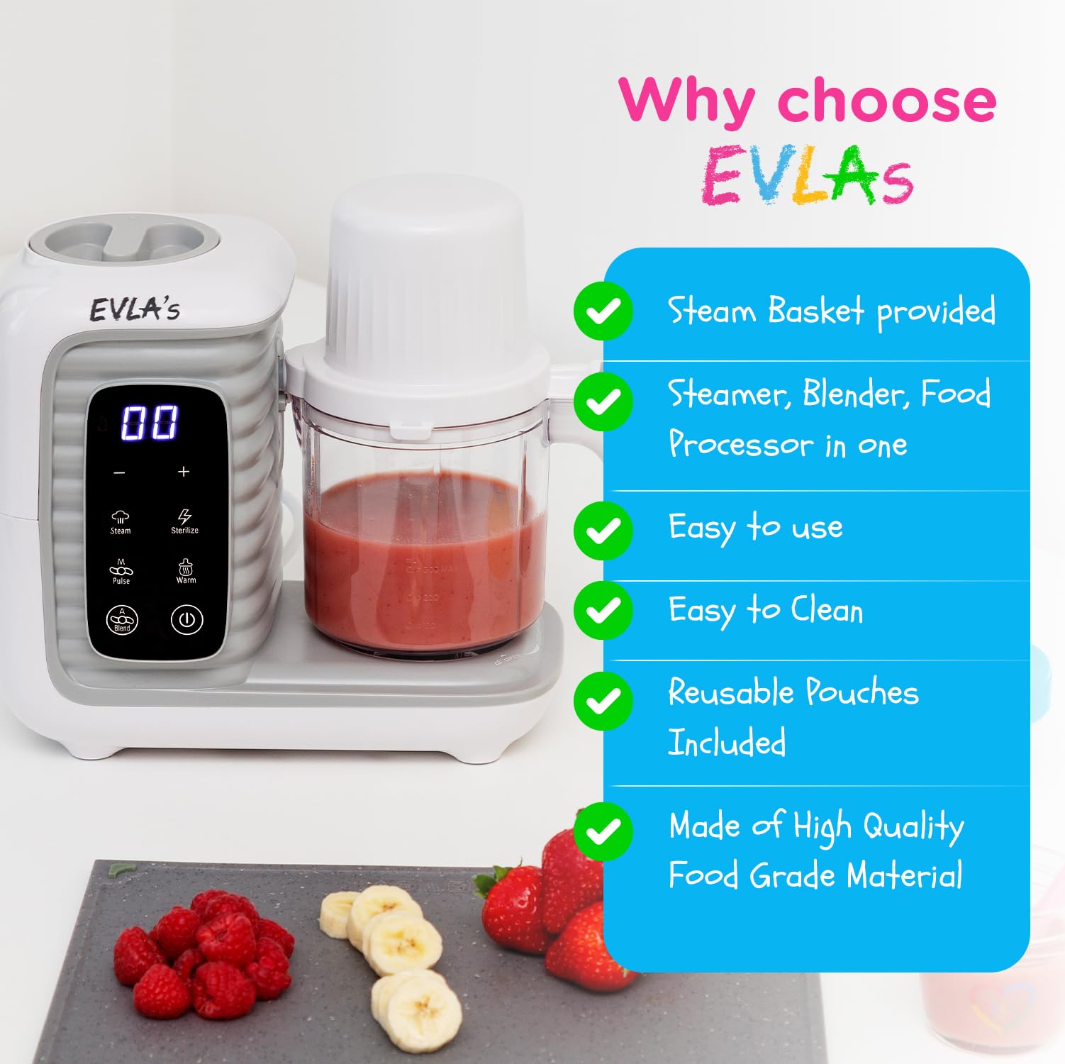 EVLA'S Double Baby Food Maker with 2 Steaming Baskets - Steamer, Blender, Grinder & Food Processor - Cook & Blend Healthy Homemade Baby Food in Minutes - Touch Screen Control - Includes 6 Reusable Food Pouches - White - Perfect for Busy Parents & Making Organic Baby Food at Home