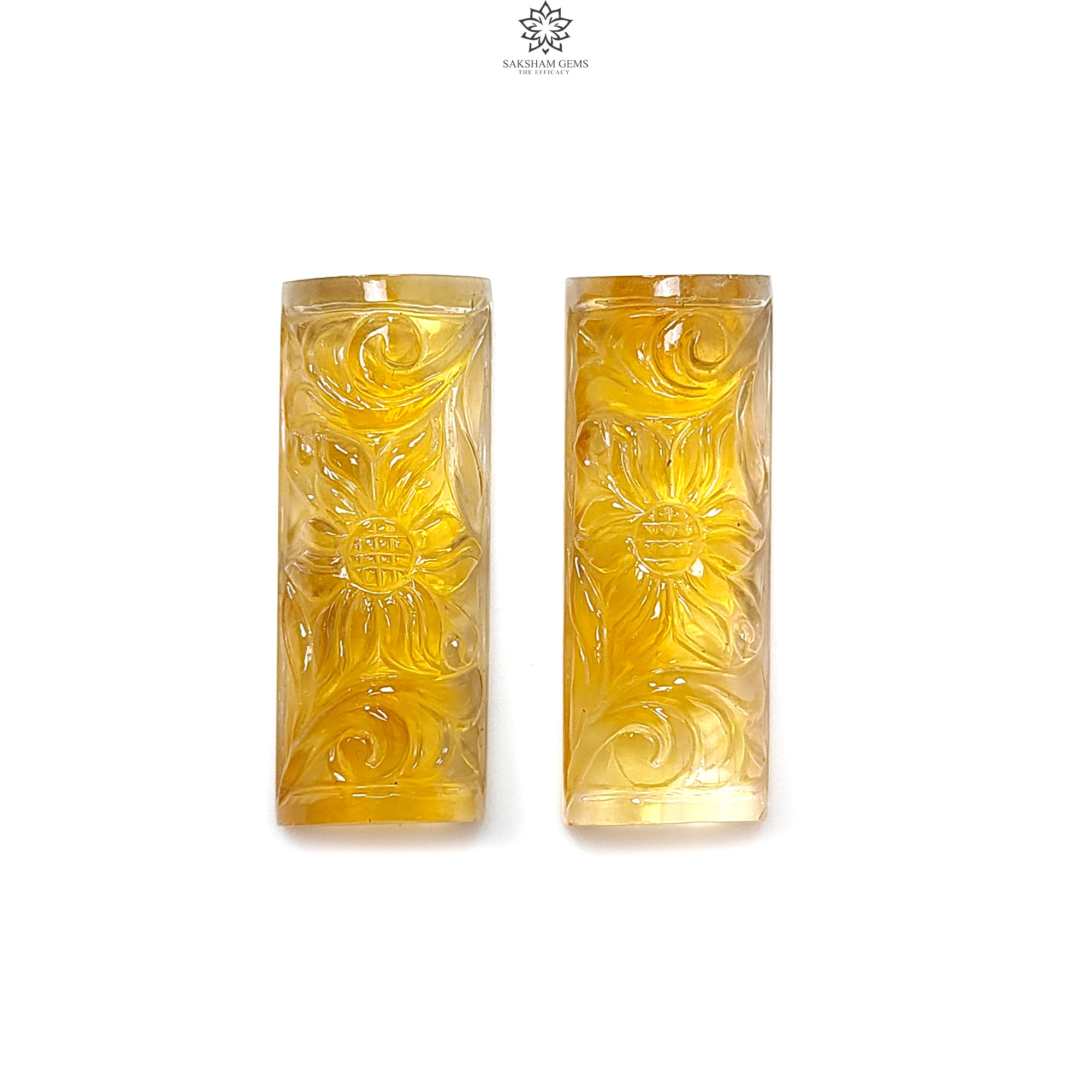 Natural Untreated Yellow Citrine Gemstone Carving - 49.30cts Hand Carved Baguette Shape (32x12mm) Pair | November Birthstone for Jewelry Making, Necklace Pendants & Ring Settings