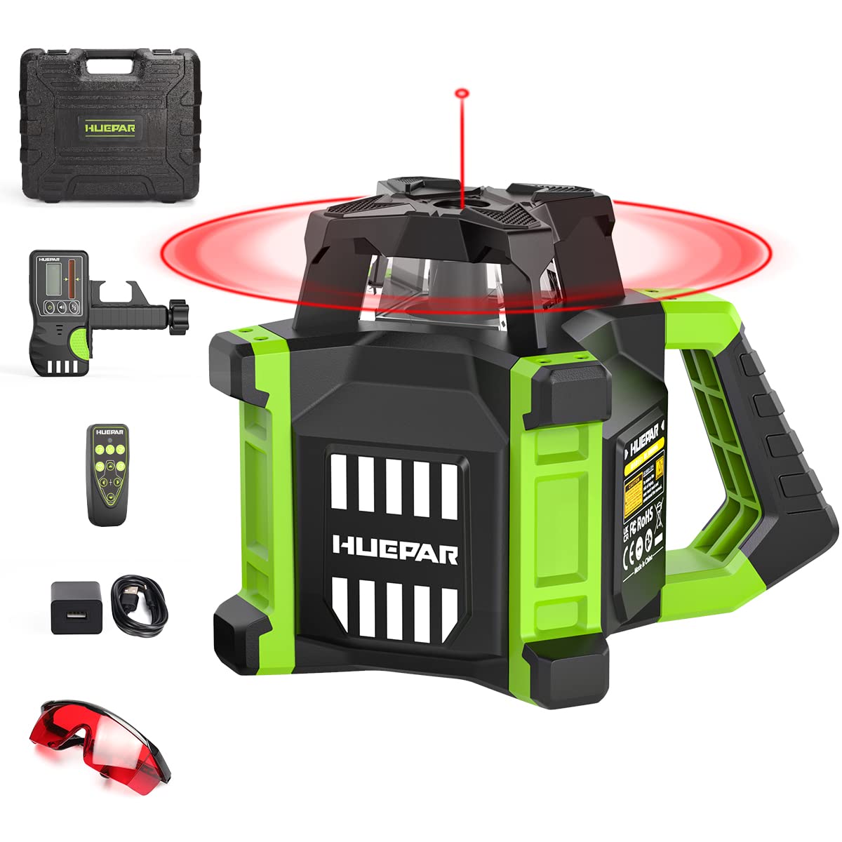 Huepar RL300HR Self-Leveling 360° Rotary Laser Level Kit with Receiver, Protective Glasses, Li-ion Battery & Hard Case - Horizontal Laser Beam for Indoor/Outdoor Construction, Flooring, Tile Installation & Landscaping Projects