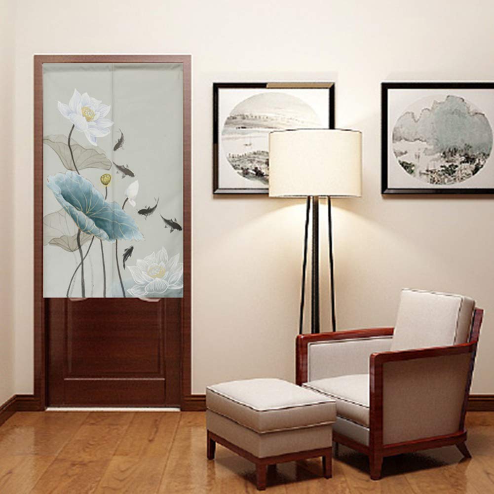 Japanese Noren Curtains - Cotton Linen Doorway Tapestry with Lotus Flower Design (29