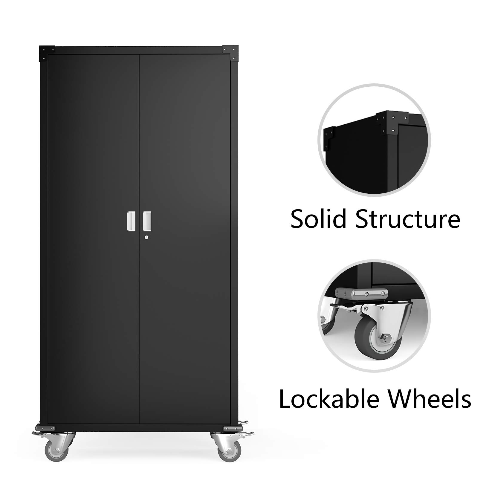 Aobabo 72-Inch Heavy-Duty Metal Garage Cabinet with Wheels - Lockable Rolling Storage Cabinet with 4 Adjustable Shelves - Black Utility Cabinet for Garage, Office & Home Organization (Assembly Required) - Perfect for Tools, Equipment & Household Storage