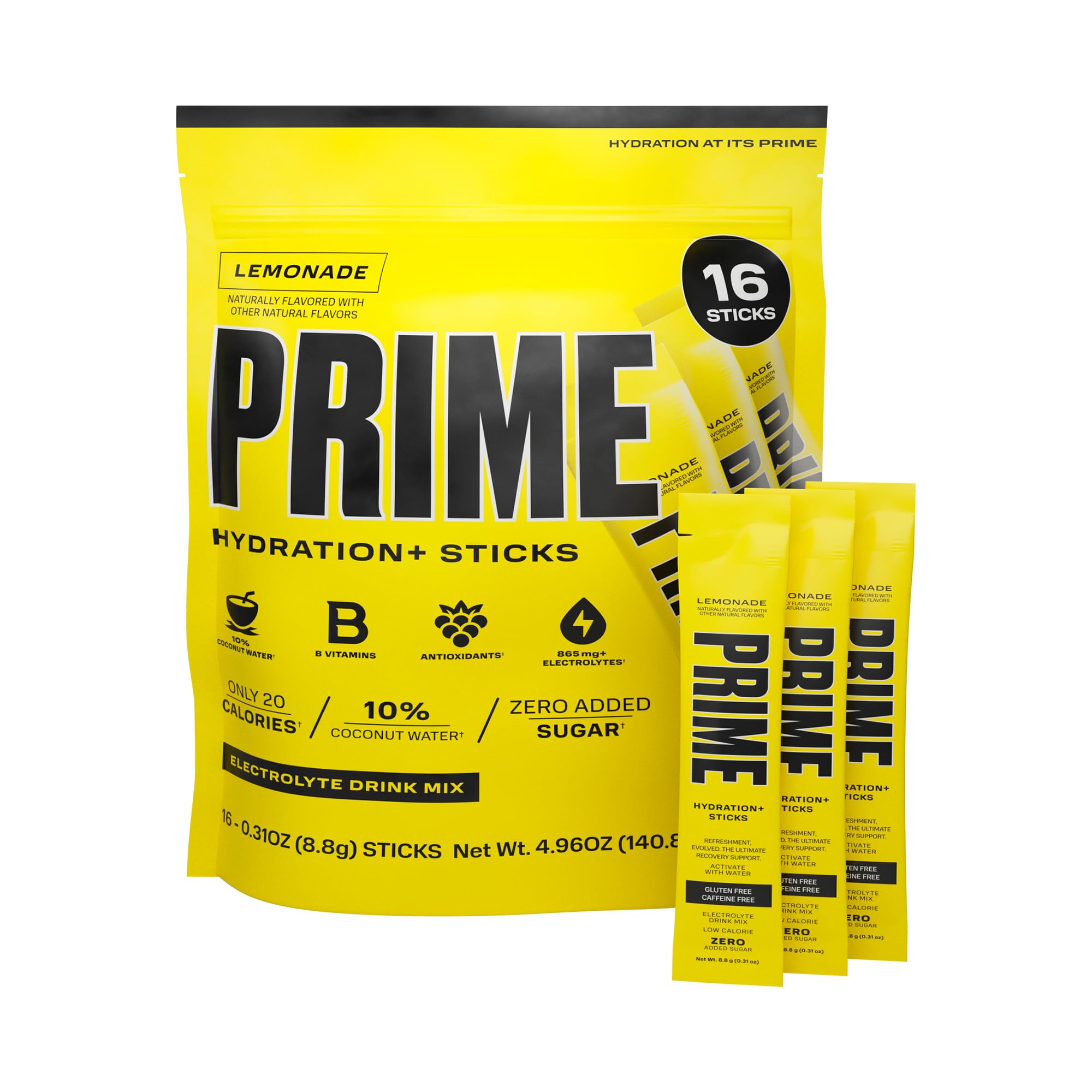 PRIME HYDRATION+ Sticks Lemonade | Electrolyte Powder Packets for On-The-Go Hydration | Low Sugar, Caffeine-Free & Vegan | 16 Single Serve Sticks | Perfect for Workouts, Travel & Outdoor Activities