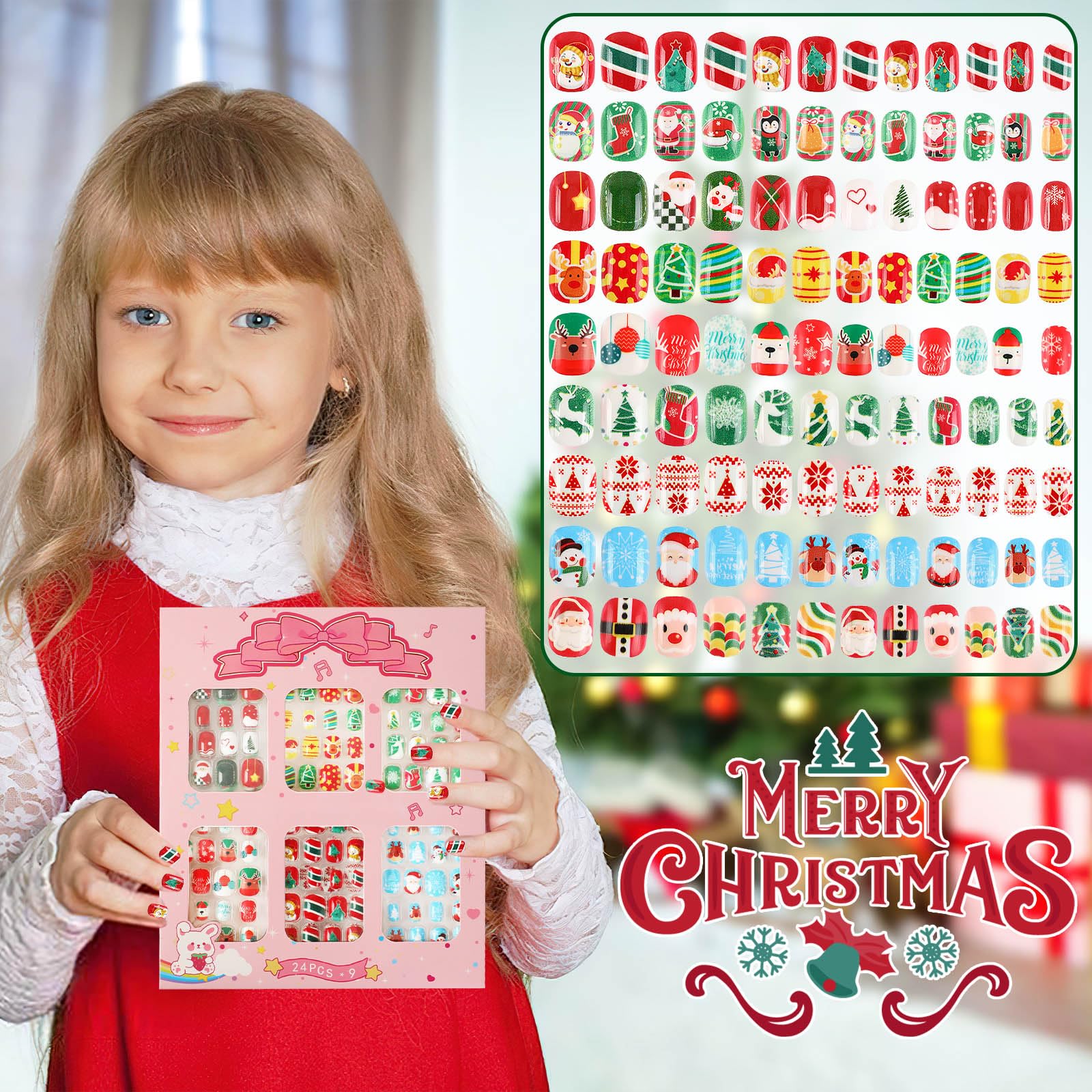 216Pcs Christmas Press on Nails for Kids - 9 Pack Short False Nail Tips with Holiday Designs | Girls Nail Art Decorations | Perfect for Christmas Parties, Gifts & Festive Nail Fashion