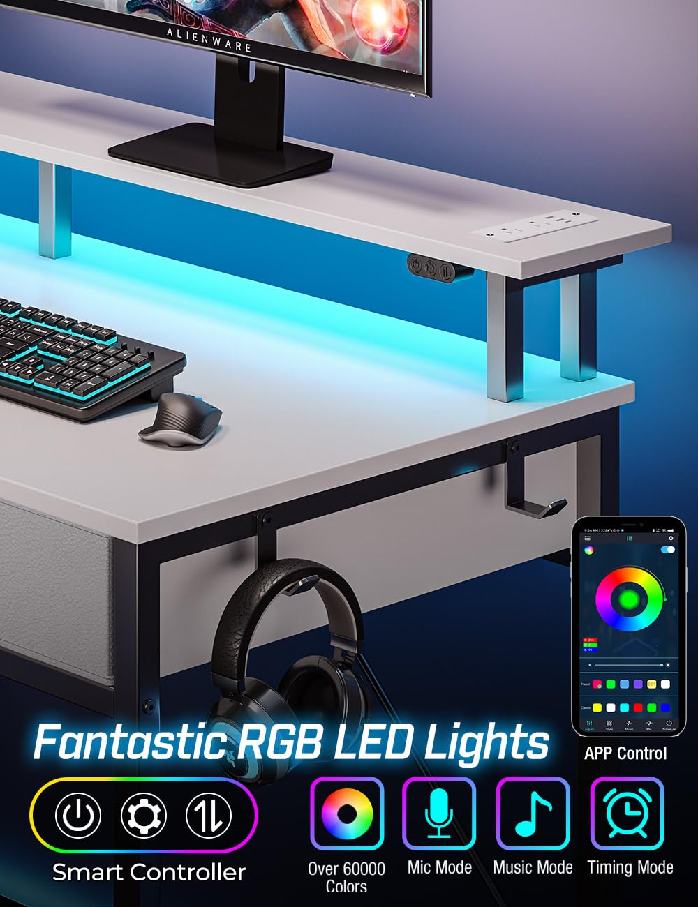 Rolanstar 47 Inch Modern Computer Desk with Power Outlets, USB Ports & LED Light - Home Office Desk with Drawers, Storage Shelves & Monitor Stand - Ergonomic Writing Workstation for Small Spaces, Gaming & Remote Work (White)