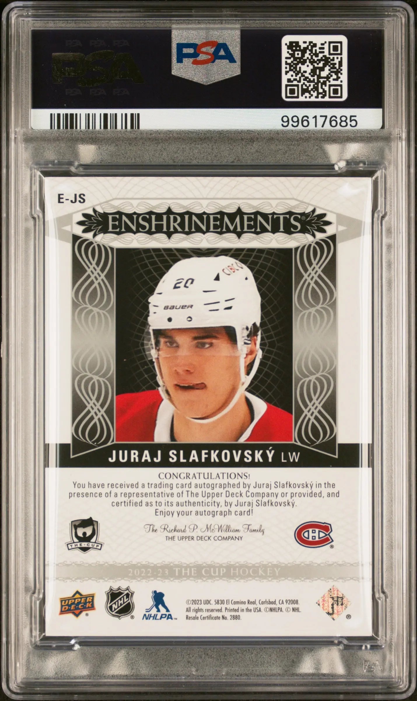 2022 Upper Deck The Cup Enshrinements Juraj Slafkovsky Autographed Hockey Card PSA 9 /99 - Rare Collectible for NHL Fans & Sports Memorabilia Enthusiasts
