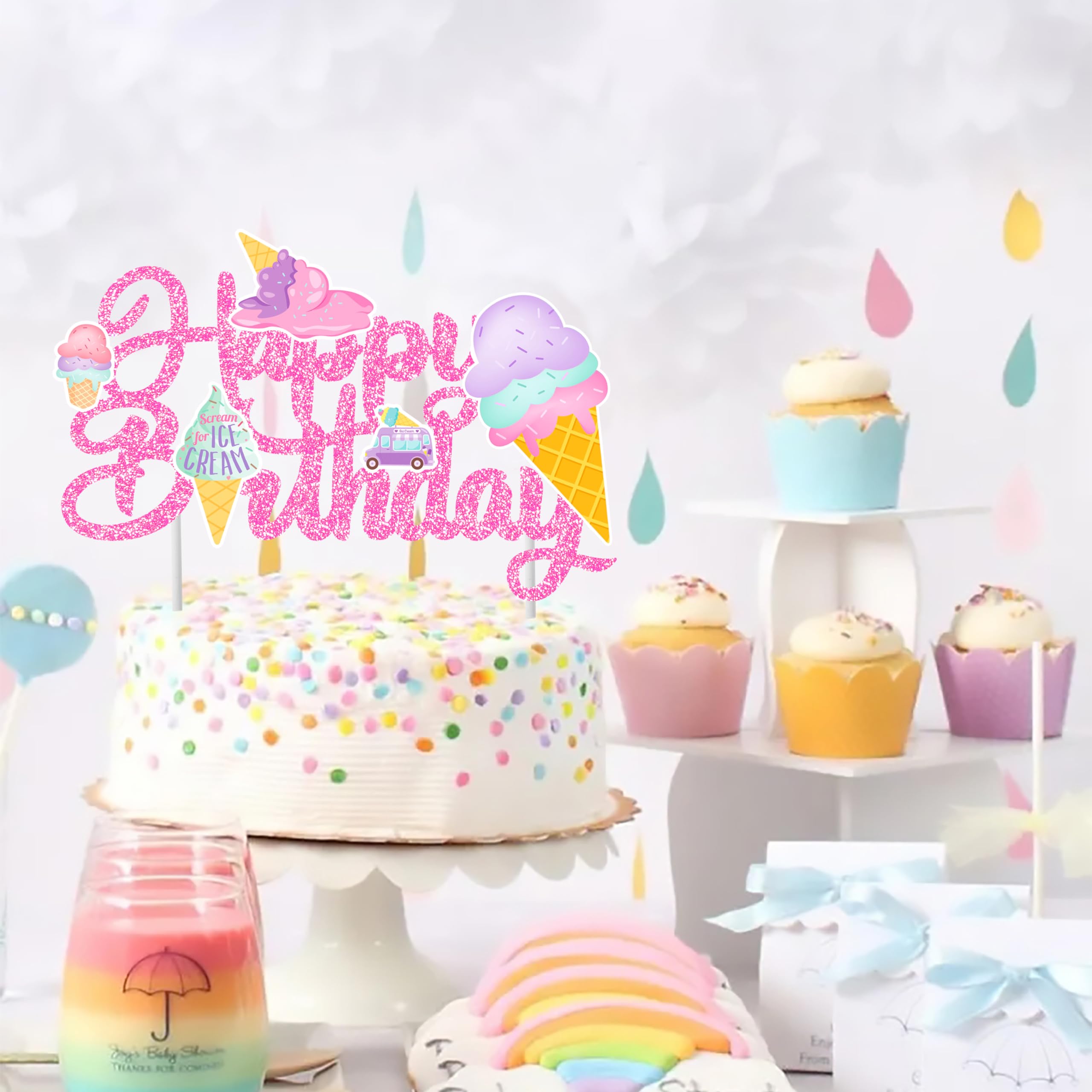 Pink Glitter Ice Cream Cake Topper - Happy Birthday Party Decorations for Kids, Boys & Girls | Ice Cream Themed Birthday Cake Decor & Summer Party Supplies | Perfect for Birthday Cakes, Cupcakes & Ice Cream Themed Parties