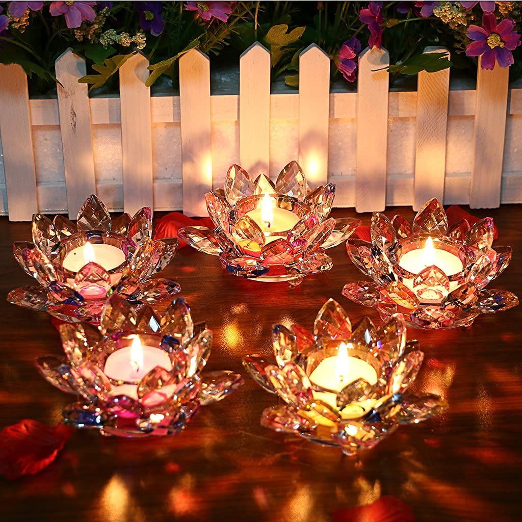 Elegant Purple Crystal Tea Light Candle Holders - Lotus Shaped Decorative Candle Stand for Wedding, Party, Votive & Home Decor - Perfect for Altar, Windowsill & Special Occasions
