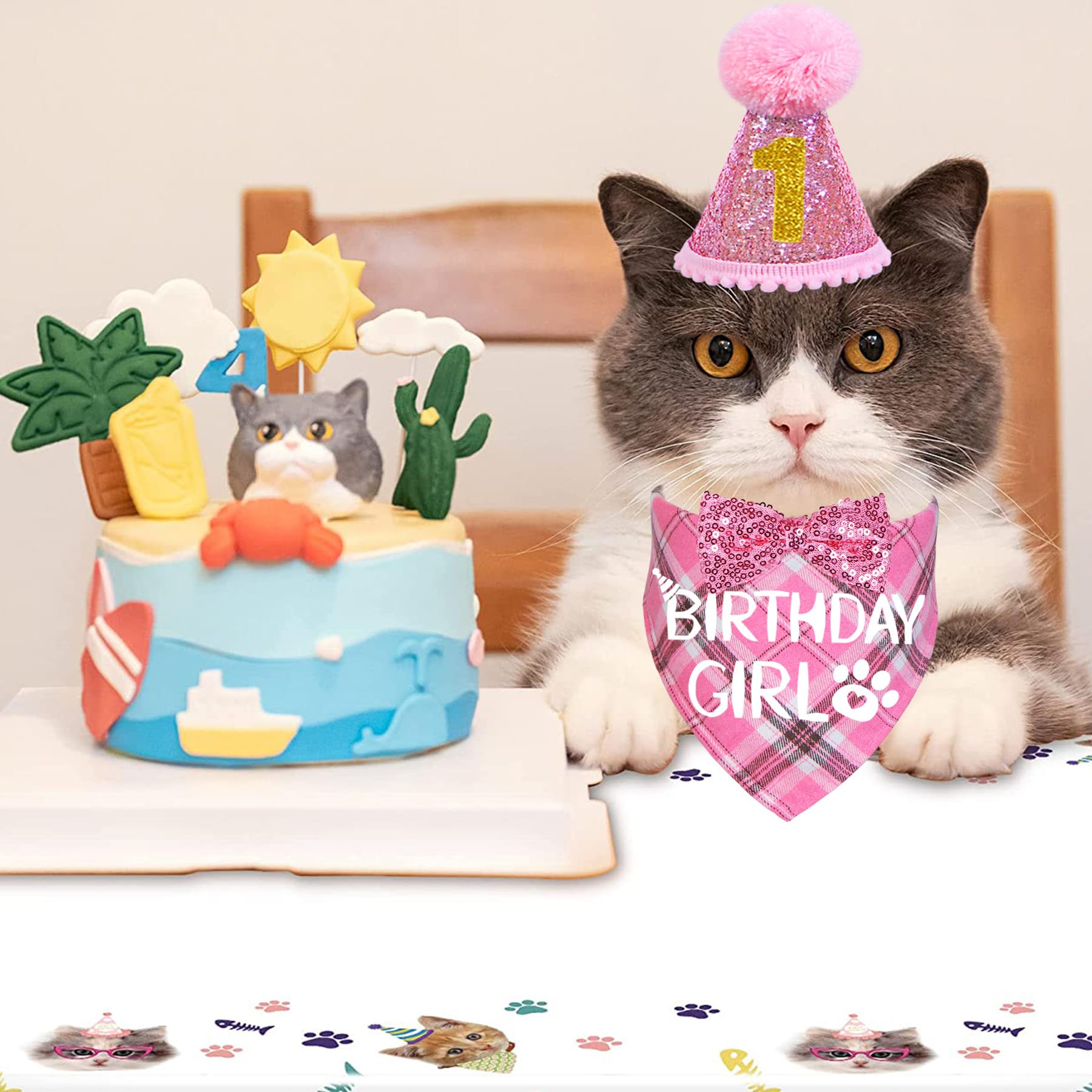 STMK Cat Birthday Party Supplies Set - Birthday Hat with Number, Bandana, Bow Tie Collar & Outfits for Kittens - Pink Pet Celebration Decorations | Perfect for Cat Birthday Parties, Photo Shoots & Special Occasions