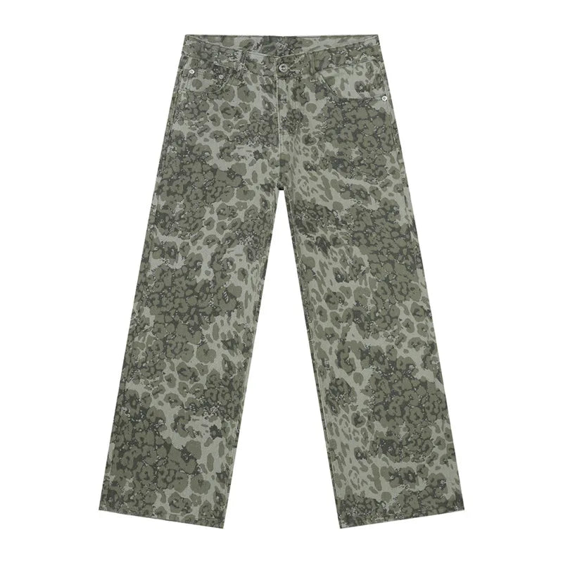 American Style Men's Jeans | Leopard Print Hip Hop Wide Leg Denim Pants for Men | Straight Cut Casual Trousers | Fall Fashion | Perfect for Streetwear, Hip Hop Outfits & Everyday Wear