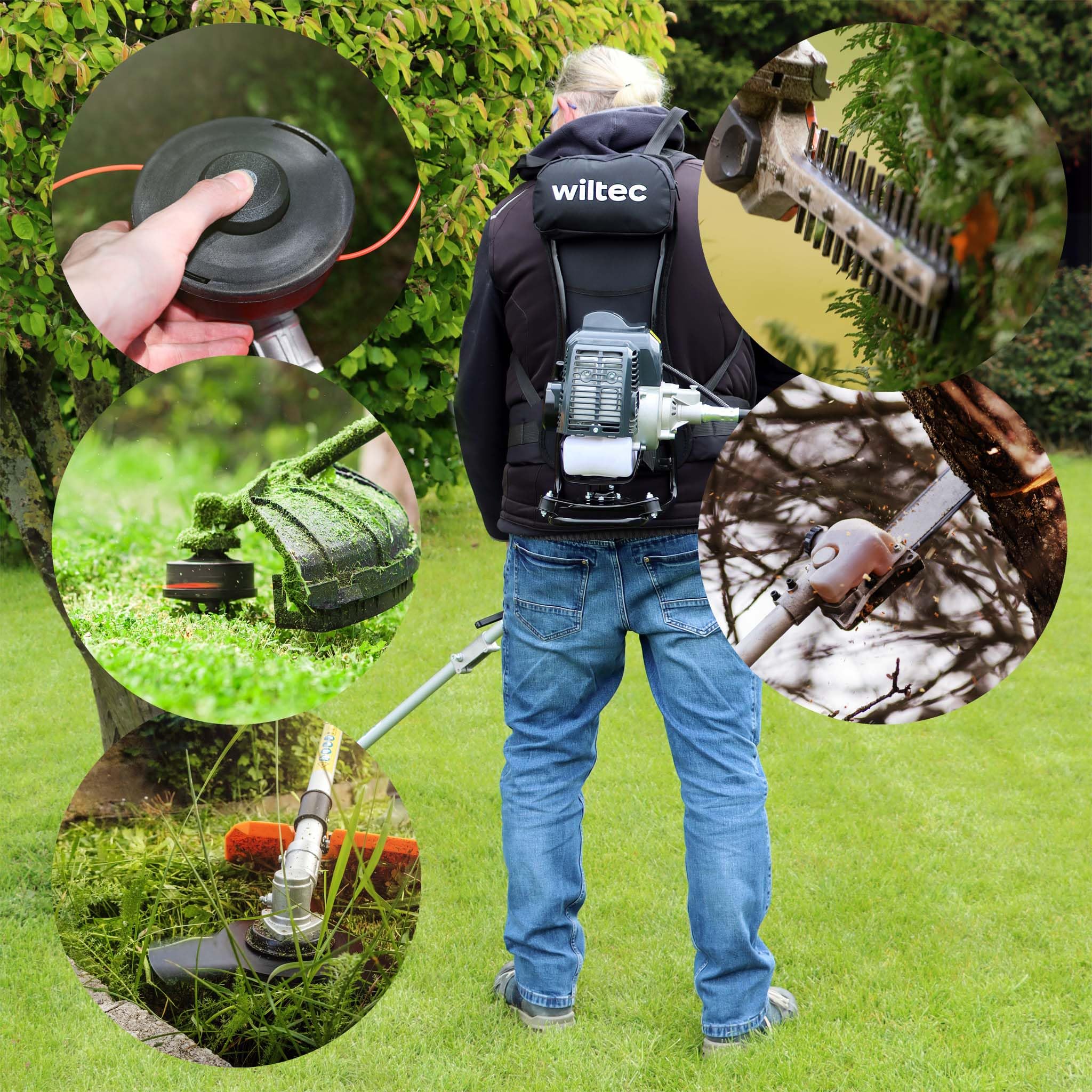 Wiltec 4-in-1 Multifunctional Backpack Tool with 2-Stroke Engine - String Trimmer, Brush Cutter, Hedge Trimmer & Pruner | Perfect for Gardening, Landscaping & Yard Maintenance