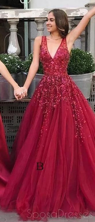 Elegant Dark Red V-Neck A-Line Tulle Long Evening Prom Dress for Women | Formal Gown for Parties, Homecoming, and Special Occasions | Style 12179