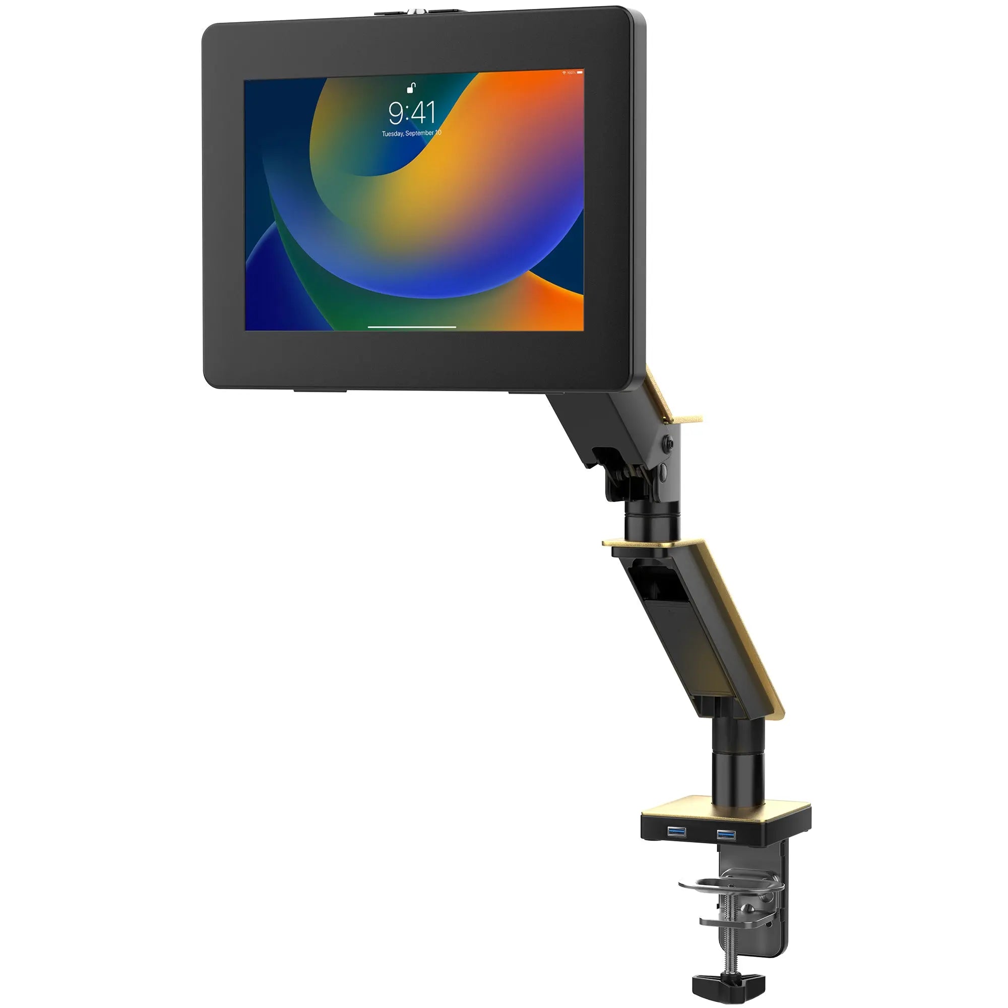 Heavy Duty Gas Spring Clamp Mount with Dual USB Ports & Enclosure - Universal Tablet Holder for 10-12 Inch Medium Size Tablets | Perfect for Office Desk, Kitchen, Bedroom & Car Use