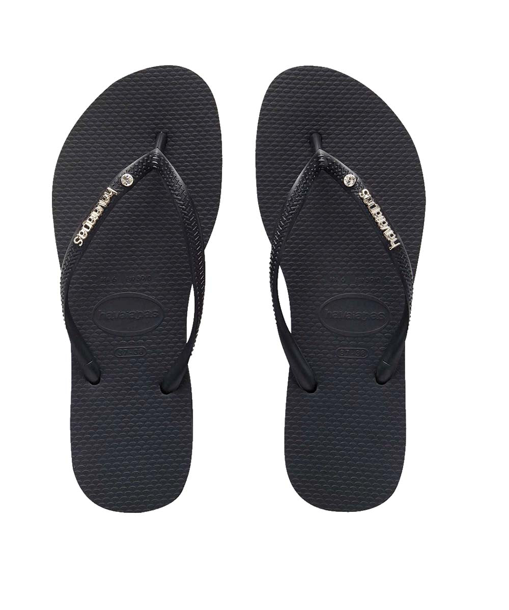 Havaianas Women's Slim Flip Flops with Metal Logo & Crystal Accents - Comfortable Summer Sandals for Beach, Pool, and Casual Wear