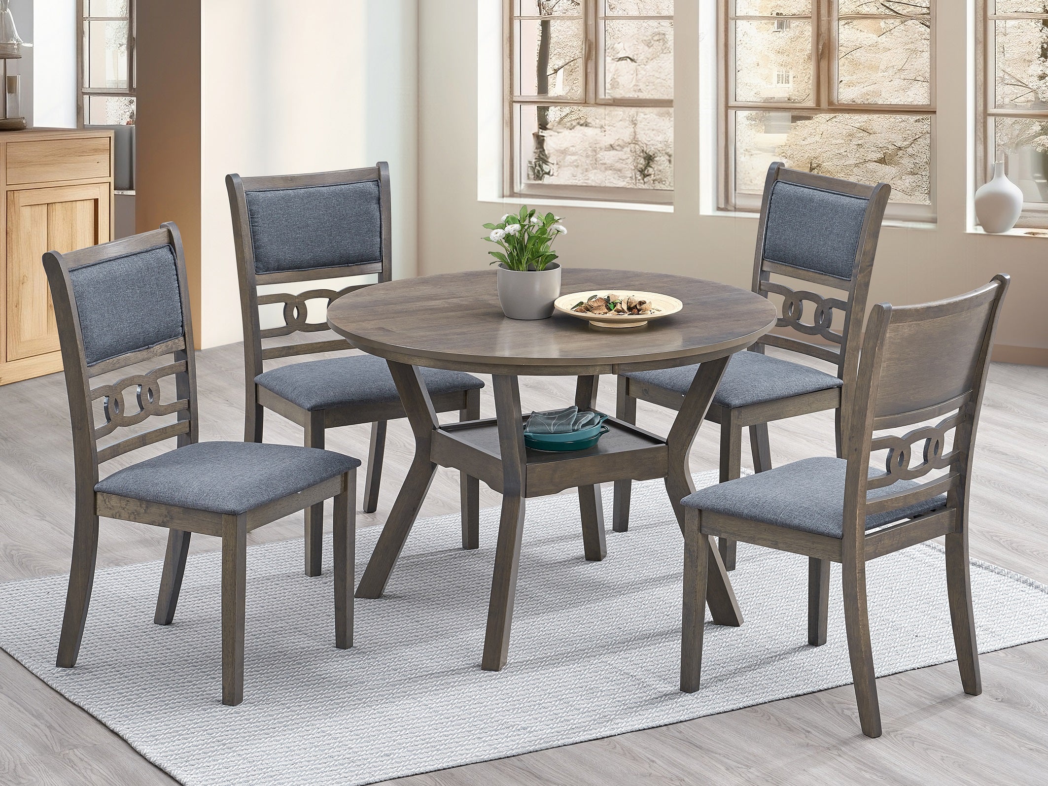 Stylish 5-Piece Round Dining Table Set with Gray Fabric Chairs - Perfect for Small Spaces, Breakfast Nooks & Cozy Family Meals