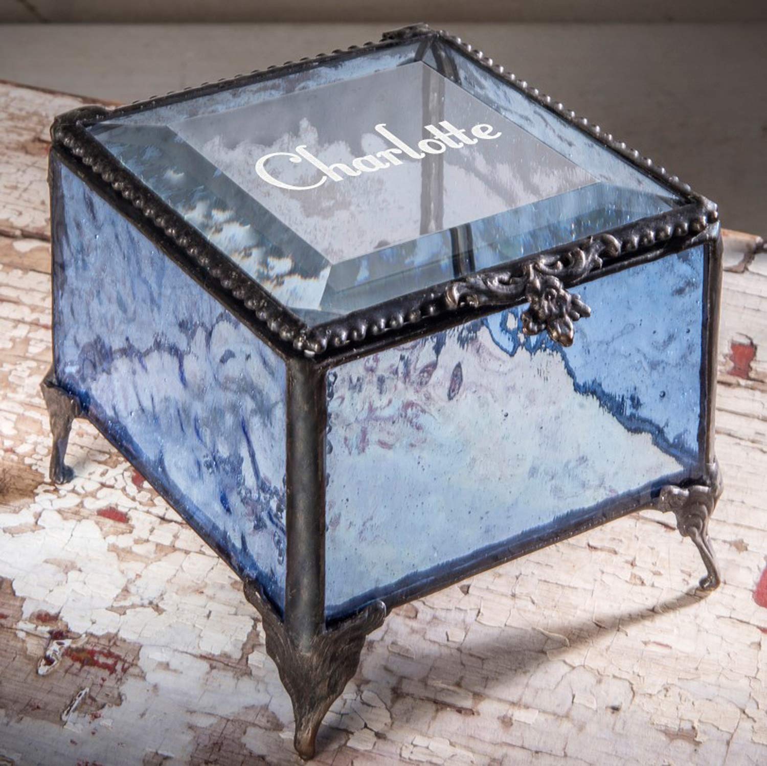 Personalized Engraved Jewelry Box with Stained Glass - Decorative Vanity Display Keepsake Gift for Women - Blue EB217-1 - Perfect for Wedding, Anniversary & Birthday Presents