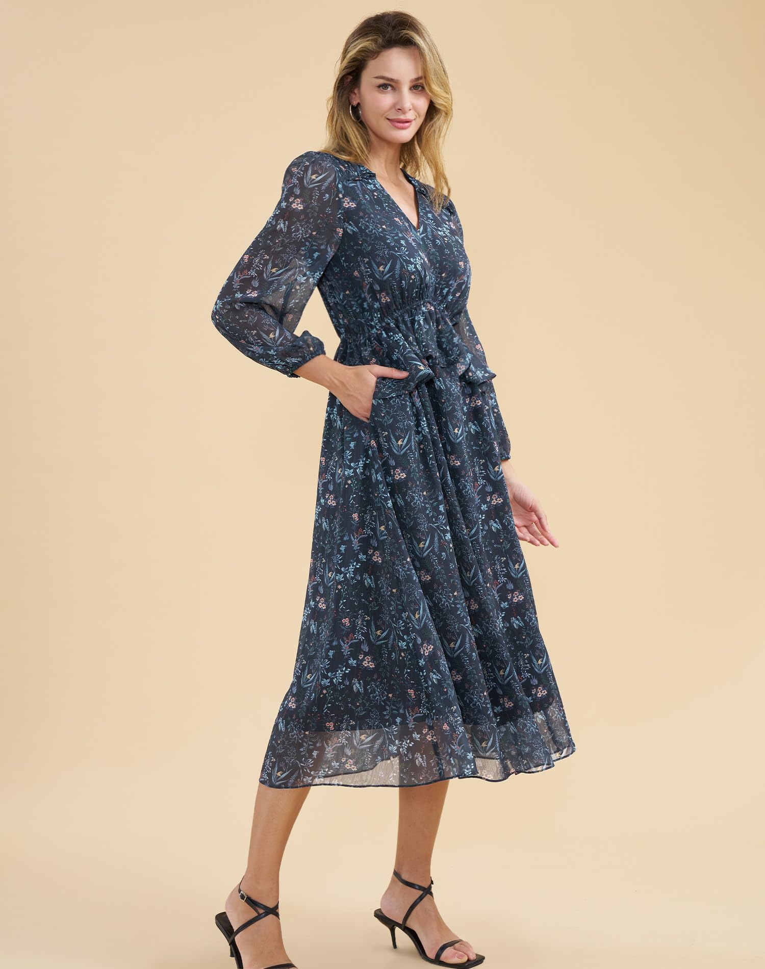 Floral Split Midi Dress for Women - Elegant Long Sleeve Chiffon Dress with Ruffle Details & Pockets | Perfect for Spring Weddings, Bridal Showers, Garden Parties & Formal Events 2025