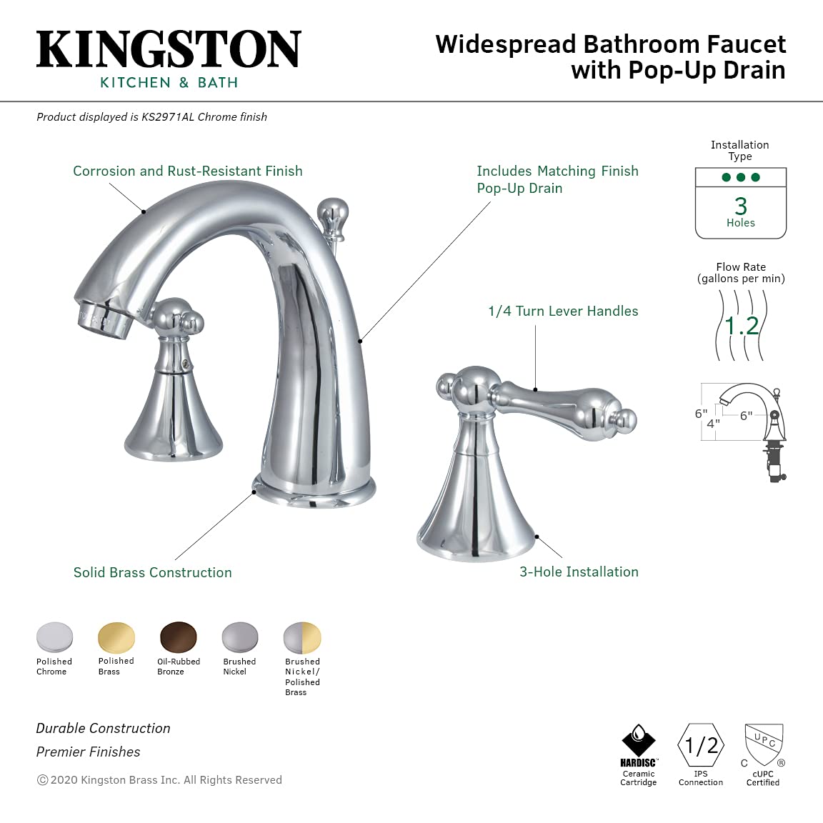 Kingston Brass KS2975AL Naples Widespread Bathroom Faucet - Oil Rubbed Bronze Finish with Metal Lever Handle - Perfect for Modern Vanities and Powder Rooms