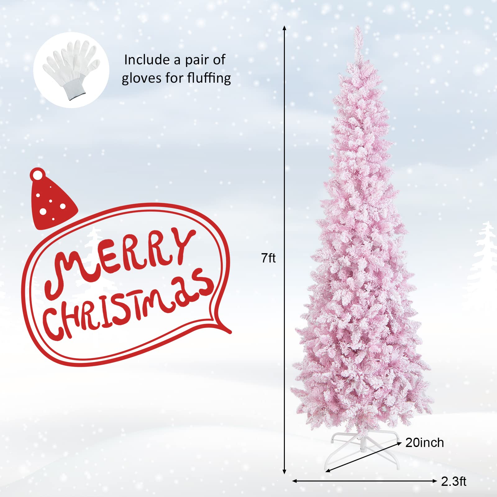 HAPPYGRILL 7FT Pre-Lit Pink Pencil Christmas Tree with Snow Flocked Artificial Slim Design - 800 Branch Tips & 300 LED Lights (8 Lighting Modes) - Perfect for Home, Office, and Holiday Decorations
