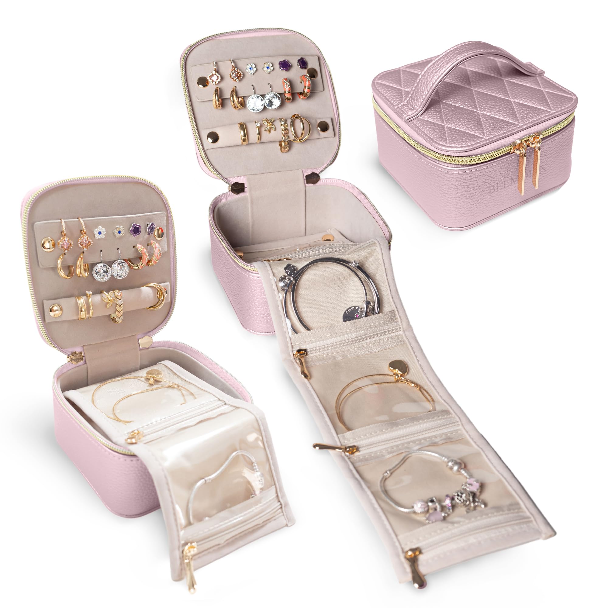 Leather Travel Jewelry Organizer Case for Women - Anti Tangle Jewelry Storage Box with Soft Pink Interior - Portable Jewelry Box for Necklaces, Rings & Earrings - Perfect for Vacations, Business Trips & Daily Use