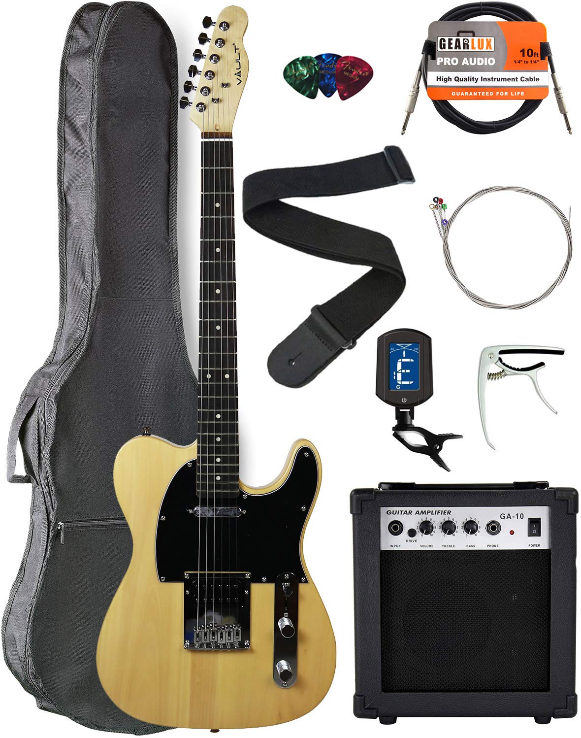 Vault Ovangkol Electric Guitar Bundle with Amp, Gig Bag, Strap & Accessories - Natural Finish | Perfect for Beginners, Live Performances & Home Practice