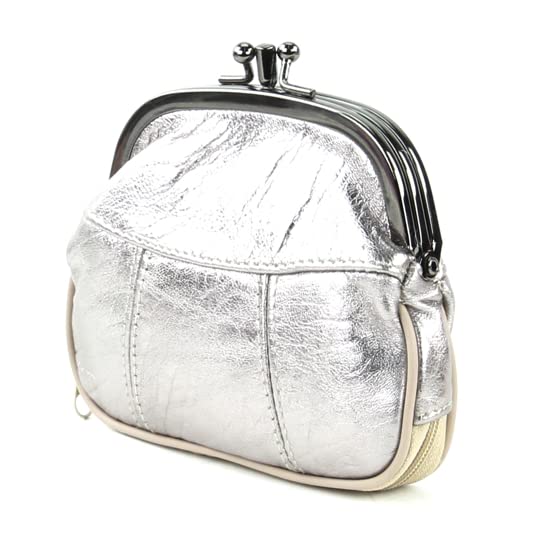 Genuine Leather Double Coin Purse for Women - Twist Clasp Wallet with Zipper Pocket | Lightweight Small Purse for Cash & Cards | Perfect for Travel, Shopping & Everyday Use (Silver)