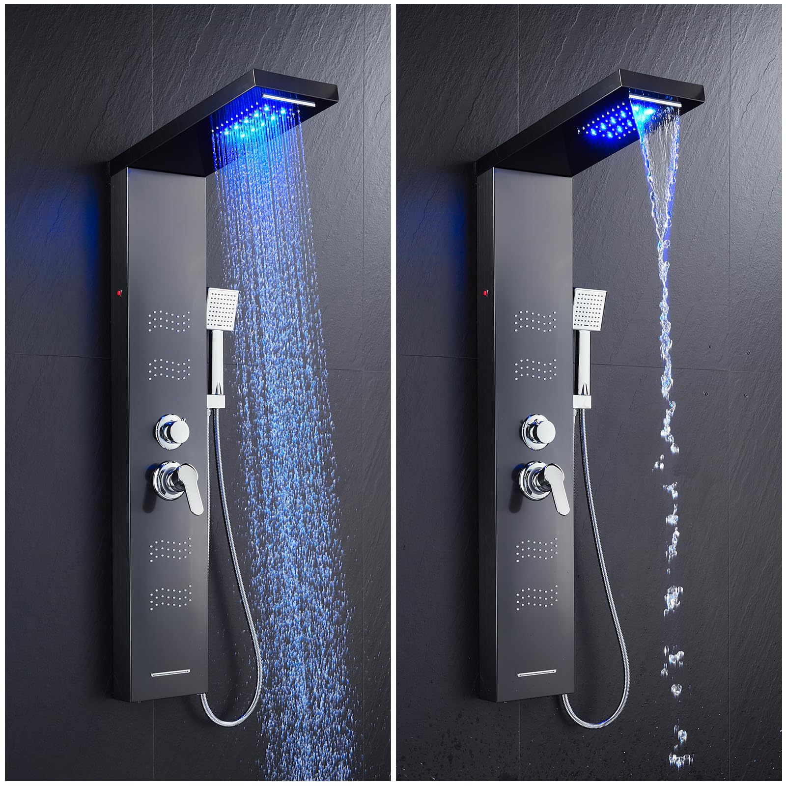 Premium Black Stainless Steel 5-in-1 LED Shower Panel Tower System with Rainfall Shower Head, Waterfall Spray, Body Jets & Handheld Shower - Luxury Bathroom Upgrade for Spa-Like Experience at Home