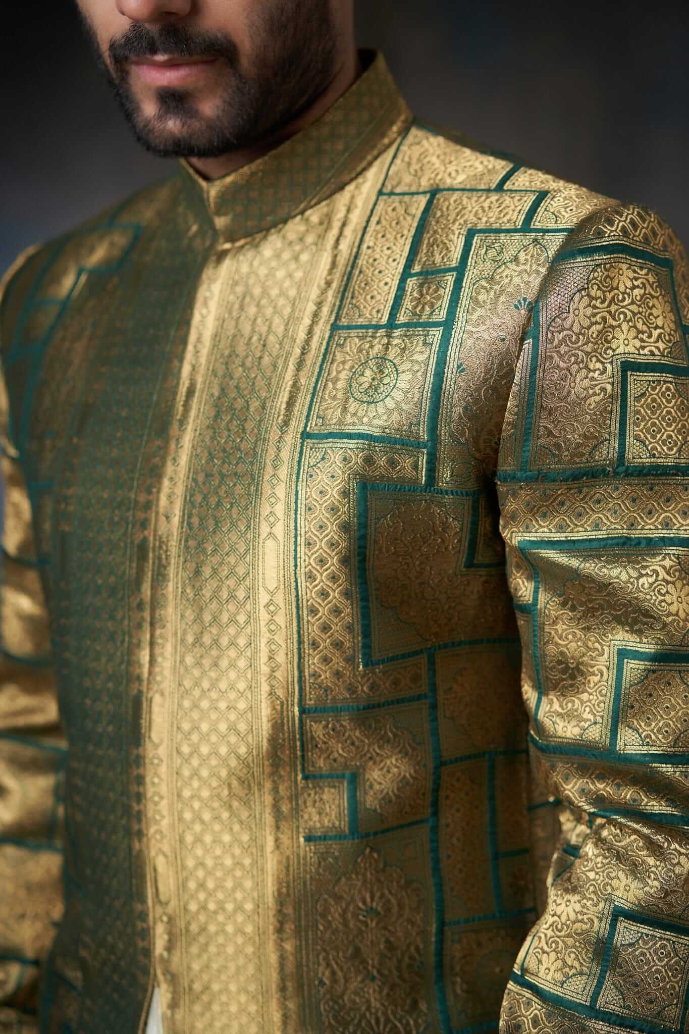Handcrafted Emerald Green Sherwani with Velvet Shawl - Premium Silk & Zari Embroidery for Weddings, Festivals & Special Occasions