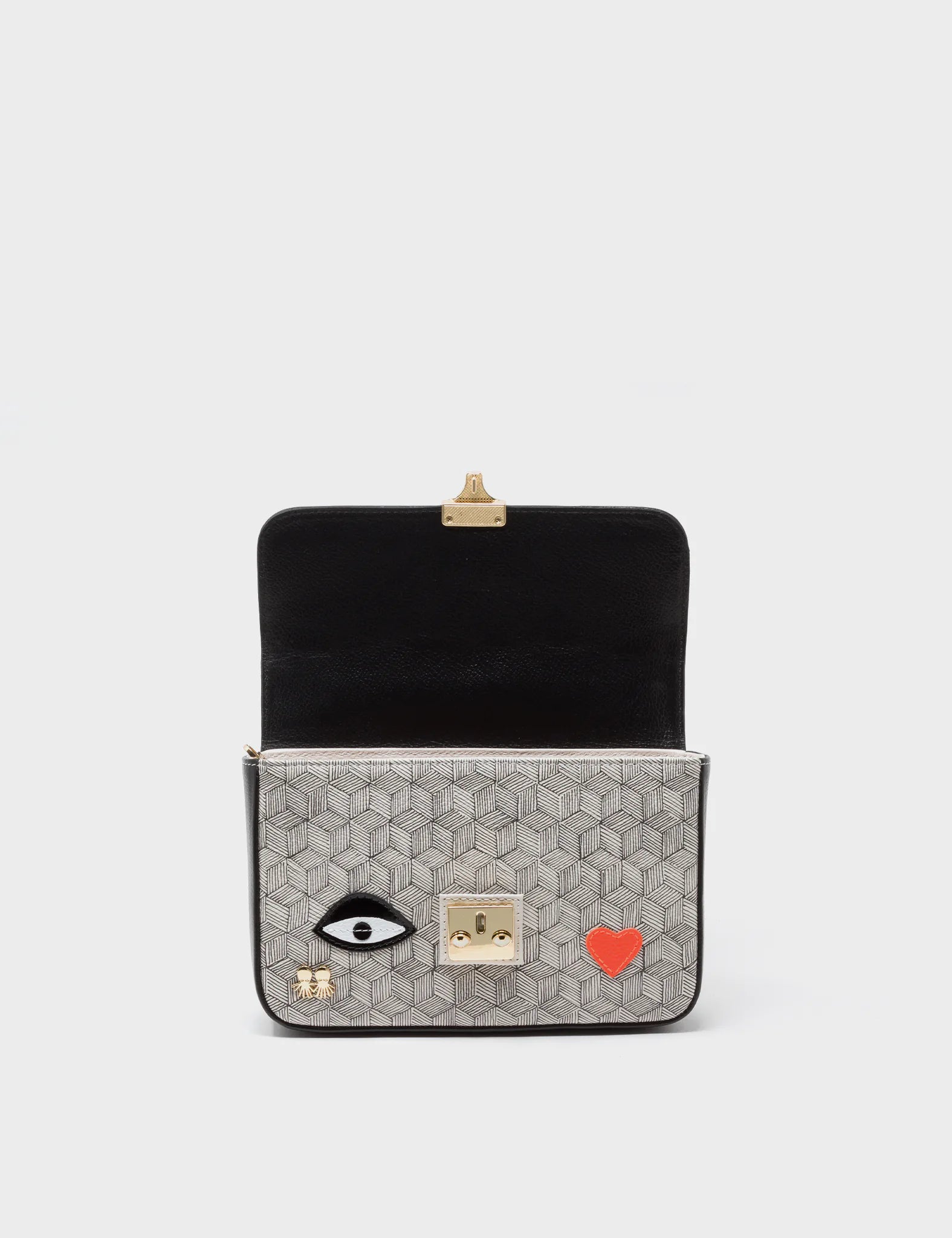 Amantis Black and Cream Leather Crossbody Mini Handbag with All Over Eyes Embroidery - Stylish Small Purse for Women, Perfect for Date Night, Parties, and Everyday Use