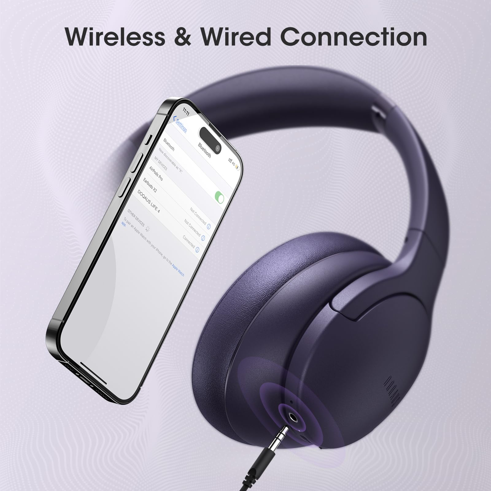 DOQAUS Wireless Over-Ear Headphones with 90H Playtime, Bluetooth 5.0, HiFi Stereo Sound, Deep Bass & Built-in Mic - 3 EQ Modes, Foldable Design for iPhone, Android, PC - Perfect for Travel, Office & Gaming (Purple)