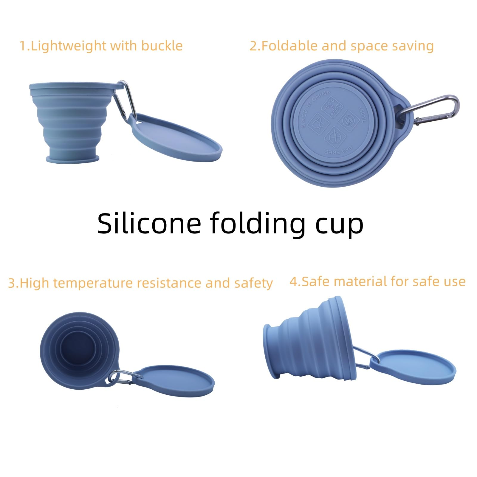 Foldable Silicone Travel Cup - Portable Collapsible Cup for Camping, Hiking & Backpacking - Durable 6.1oz Light Blue Snack Cup with Lid Hook - Perfect for Outdoor Adventures, Picnics & Travel