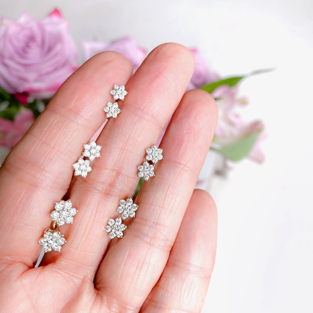 14k White Gold Seven Diamond Flower Flat Back Stud Earrings - Elegant & Dainty Jewelry for Women, Perfect for Weddings, Parties & Everyday Wear