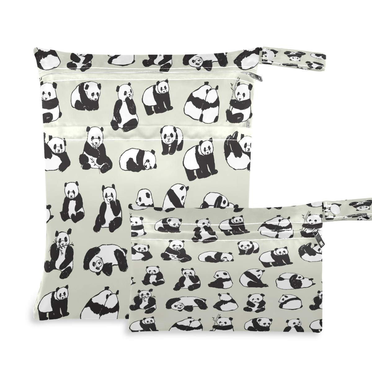 Panda Print Wet Dry Bags for Baby Cloth Diapers - 2 Pack Reusable Waterproof Travel Bags for Swimsuits, Wet Clothes, Beach & Gym | Perfect for Diaper Storage, Pool Essentials & Sports Gear