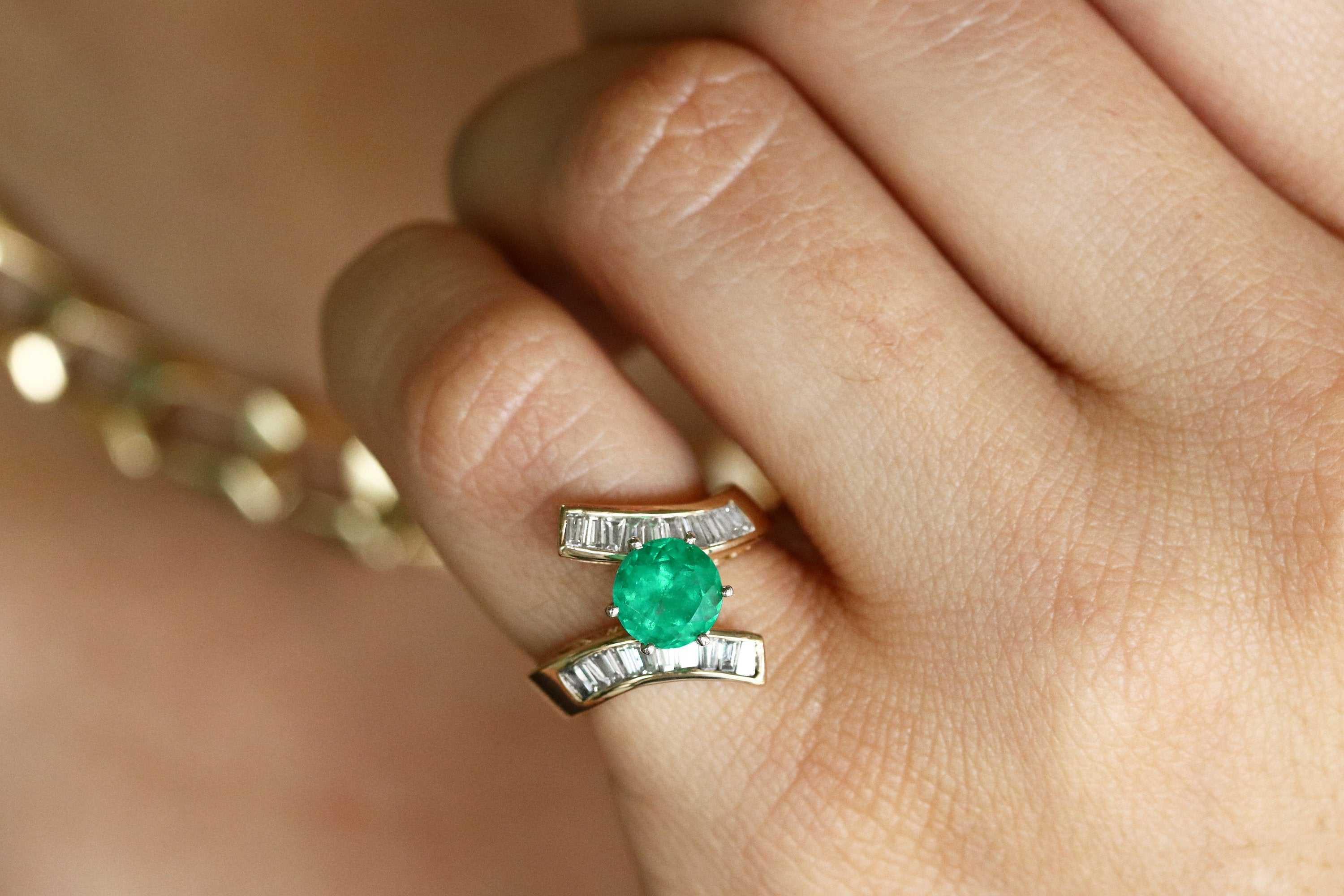 2.48tcw Natural Round Emerald & Baguette Diamond Cocktail Bypass Ring in 14K Gold - Elegant Statement Jewelry for Evening Parties, Weddings & Special Occasions