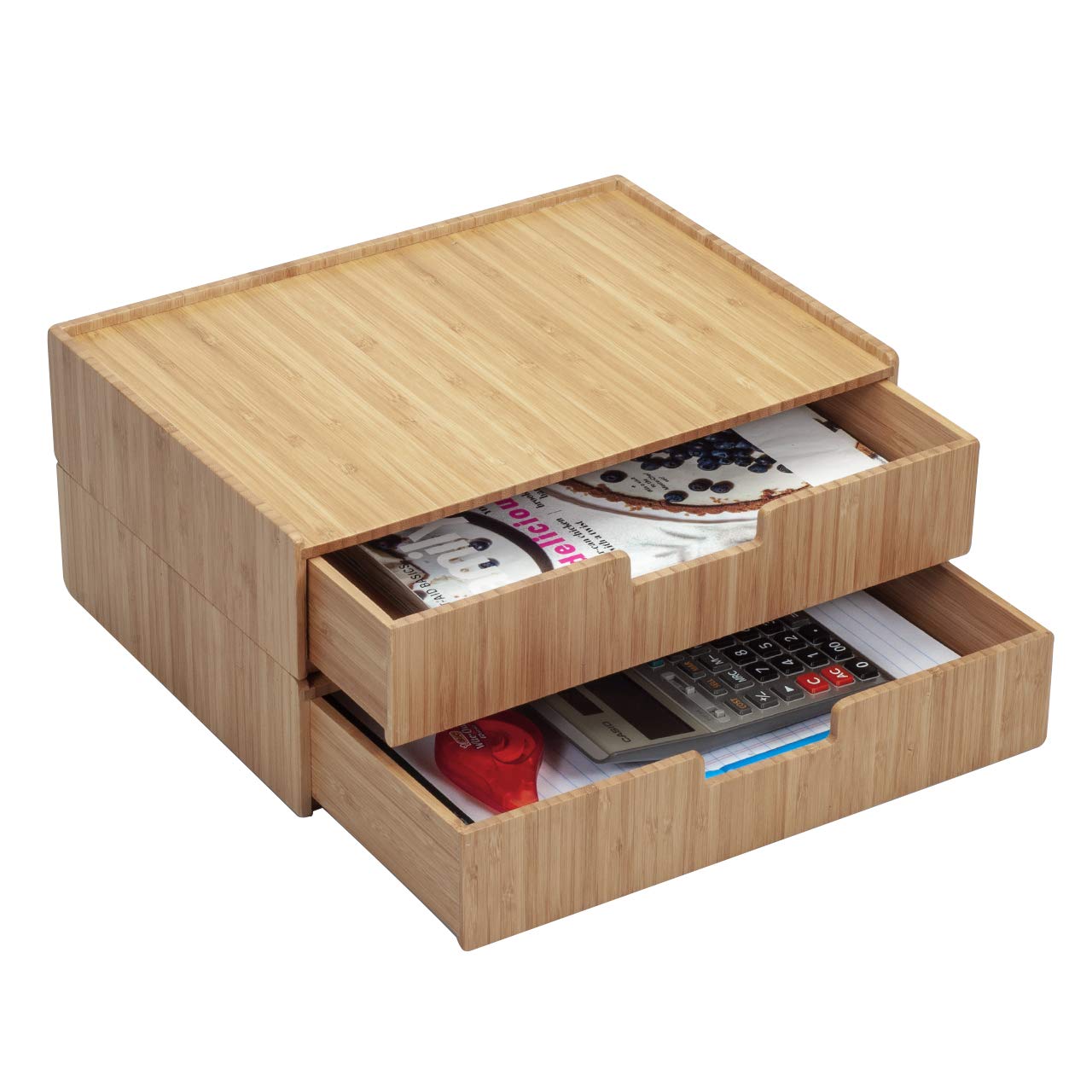 Mobilevision Large Bamboo Drawers (Set of 2) - Eco-Friendly Monitor Stand & Stackable Office Organizer for Pens, Penciles, Scissors, Notepads, Business Cards - Perfect for Home Office & Workspace Organization