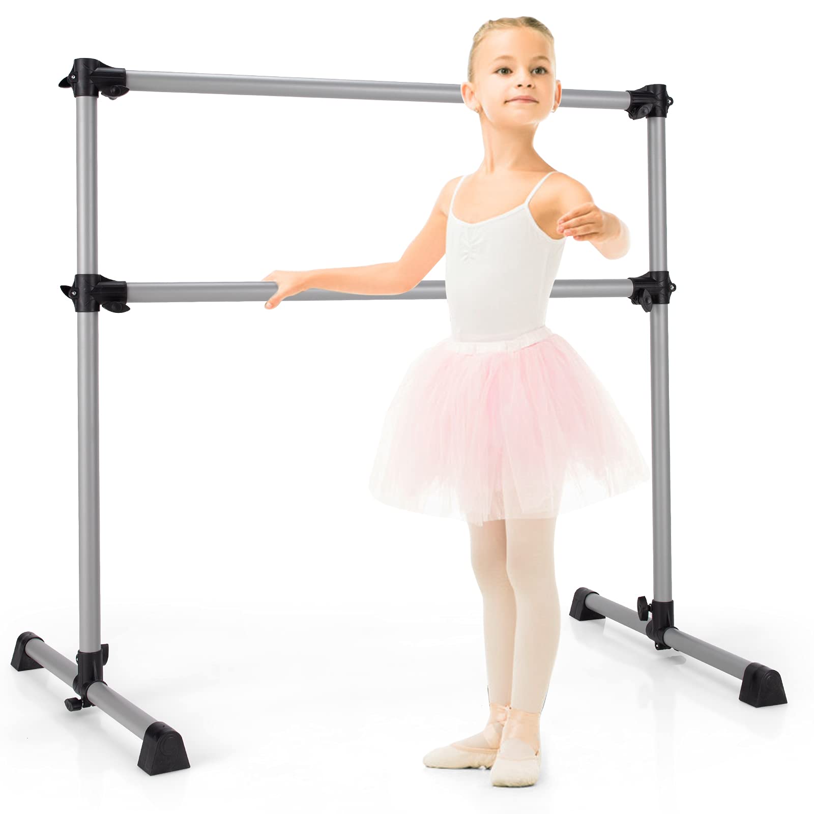 Goplus 4 FT Double Ballet Barre Bar - Adjustable Height 7” to 46”, Portable Freestanding Dance Bar for Home, School & Gym - Perfect for Ballet, Barre Workouts & Dance Training (Kids & Adults) - Ideal for Home Studios, Dance Classes & Fitness Routines