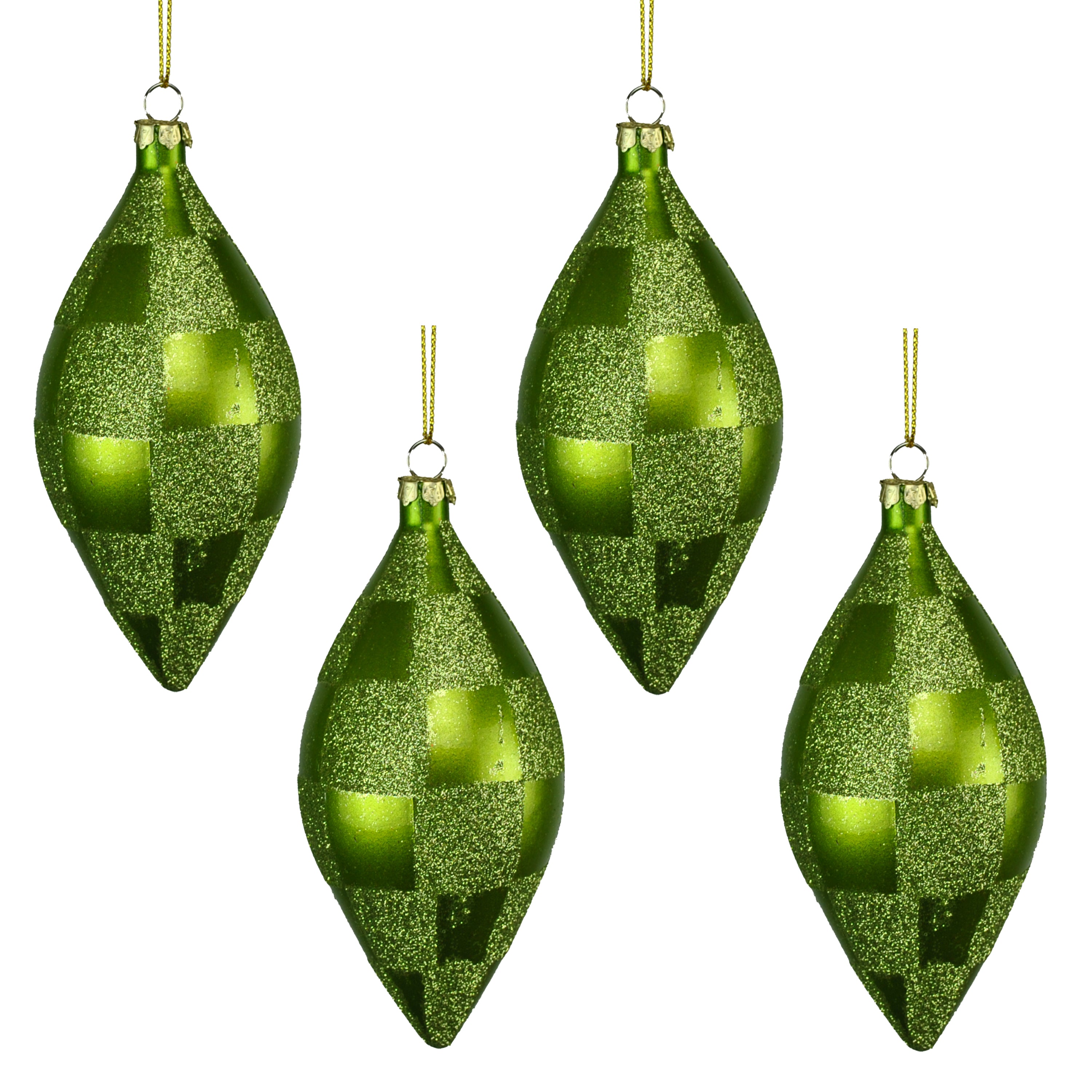 4 Pack Lime Green & Sage Checkered Teardrop Christmas Tree Ornaments with Glitter - Elegant Holiday Decor for Xmas Tree, Wreaths, Gift Wrapping & Home Decoration