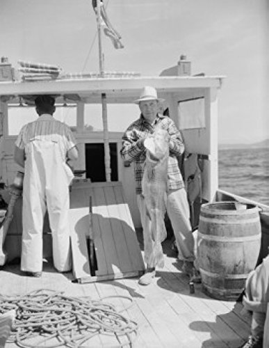 Fisherman Holding Fish on Boat Art Print - 18x24 Inches Wall Decor for Living Room, Office & Coastal Theme Spaces