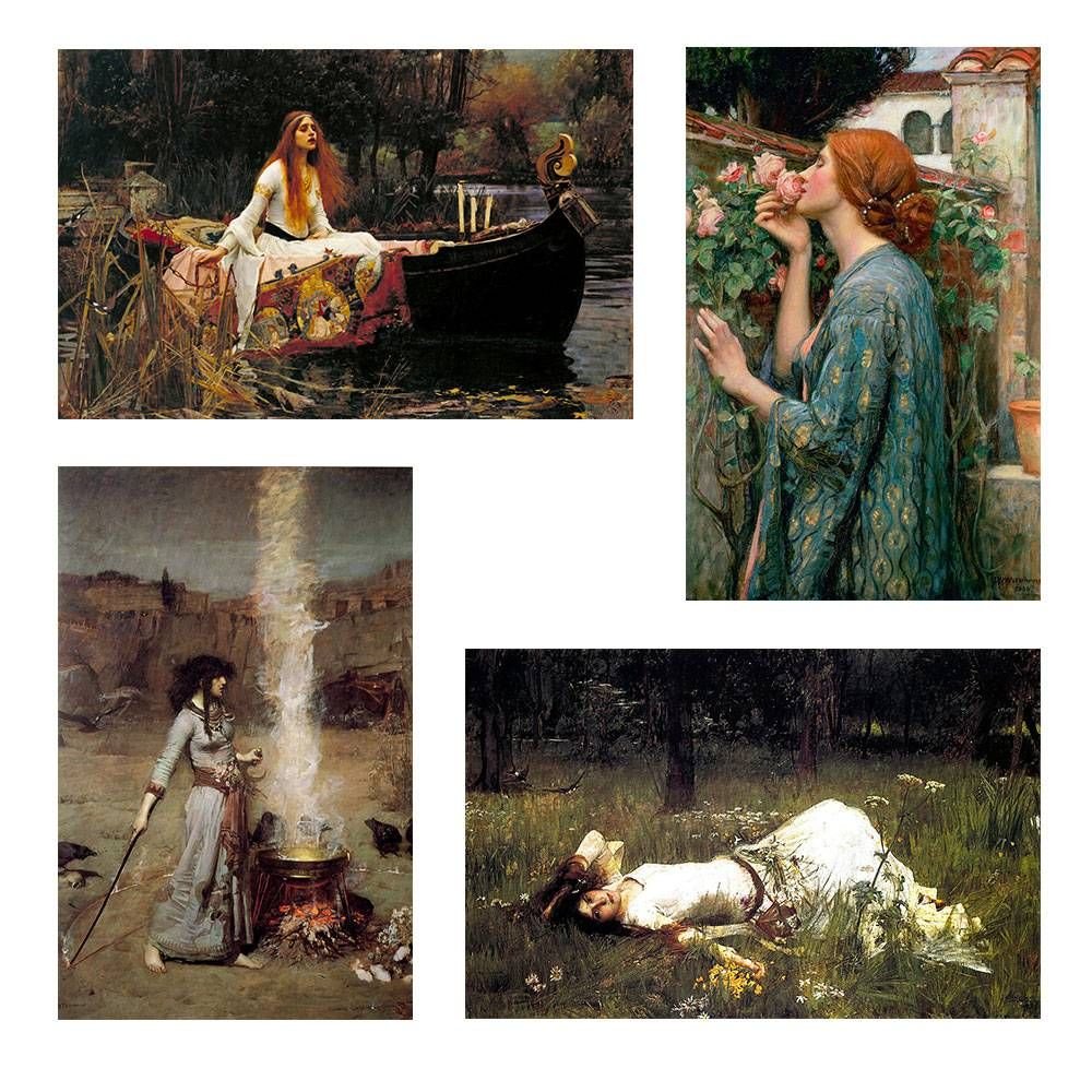 Alonline Art - Waterhouse Lady Shalott Ophelia Rose Smoke Fine Art Print Set | 28x42 inch (71x107cm) Premium Photo Paper Poster Rolled | Set of 4 Victorian Oil Painting Wall Decor | Perfect for Living Room, Bedroom & Office Art Display