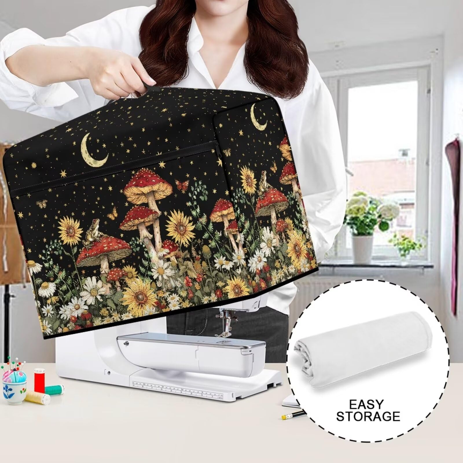**Large Sewing Machine Dust Cover with Mushroom & Floral Pattern - Universal Fit for Most Standard Sewing Machines - Perfect for Home, Studio & Craft Room Decor (CZB50)**