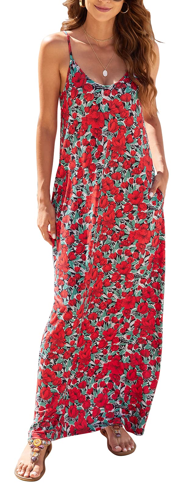 Bohemian Floral Print Long Maxi Dress for Women - Summer Casual Spaghetti Strap Dress with Pockets | Beach Wedding, Vacation, Outdoor Party Wear