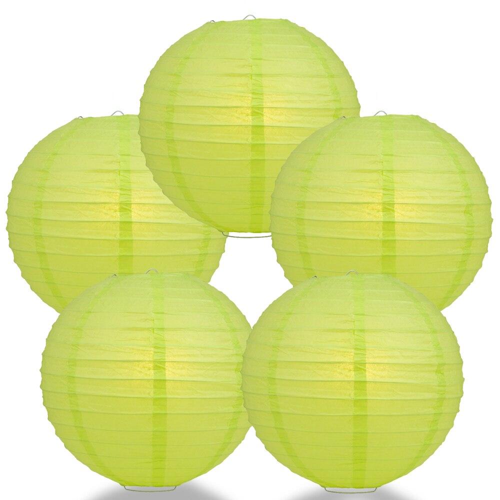 5 Pack 14 Inch Light Lime Green Round Paper Lanterns with Even Ribbing - Chinese Hanging Decorations for Wedding, Party, Festival & Home Decoration - Perfect for Indoor/Outdoor Events, Asian Themed Parties & Holiday Celebrations