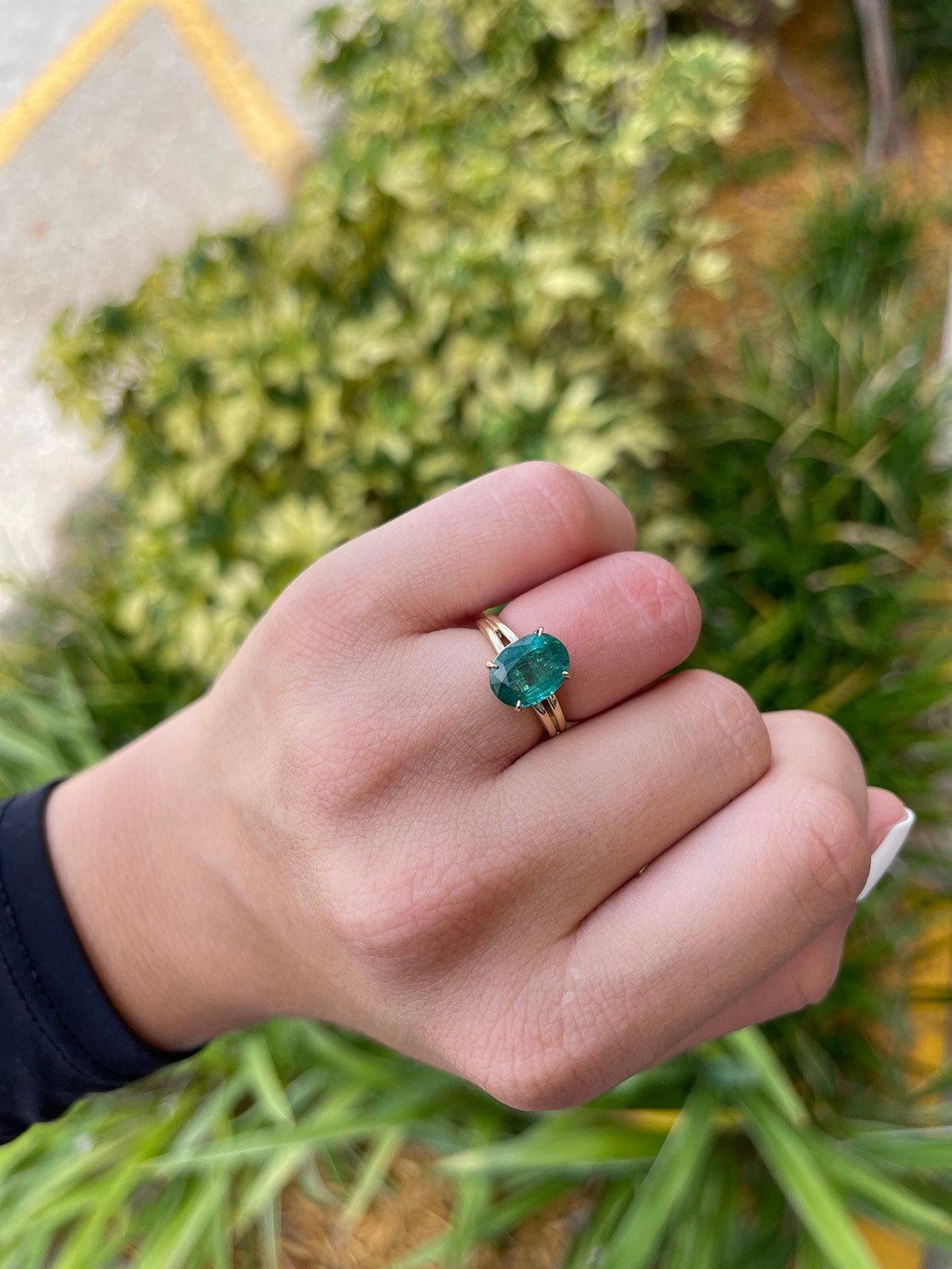 3.31cts 14K Genuine Oval Cut Bluish Green Emerald Double Shank Solitaire Four Prong Gold Ring for Women - Elegant Engagement, Wedding, Anniversary Gift & Everyday Luxury Jewelry