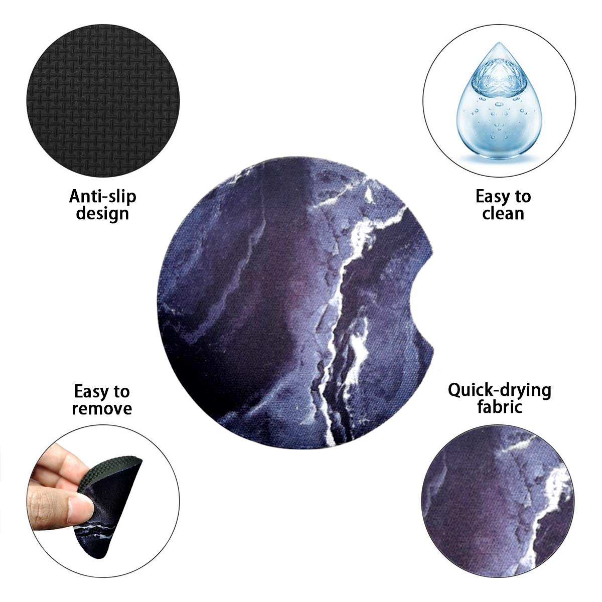 2 Pack Absorbent Car Coasters for Drinks - 2.75 Inch Cute Blue Marble Cup Holder Coasters for Women & Girls, Removable Car Interior Accessories for Coffee, Tea, and Beverages