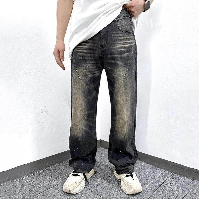 Trendy American Style Men's Jeans - Splashed Ink Design Straight Leg Streetwear | Loose Fit Denim Pants for Casual Outfits & Urban Fashion | Perfect for Everyday Wear, Parties, and Street Style Looks