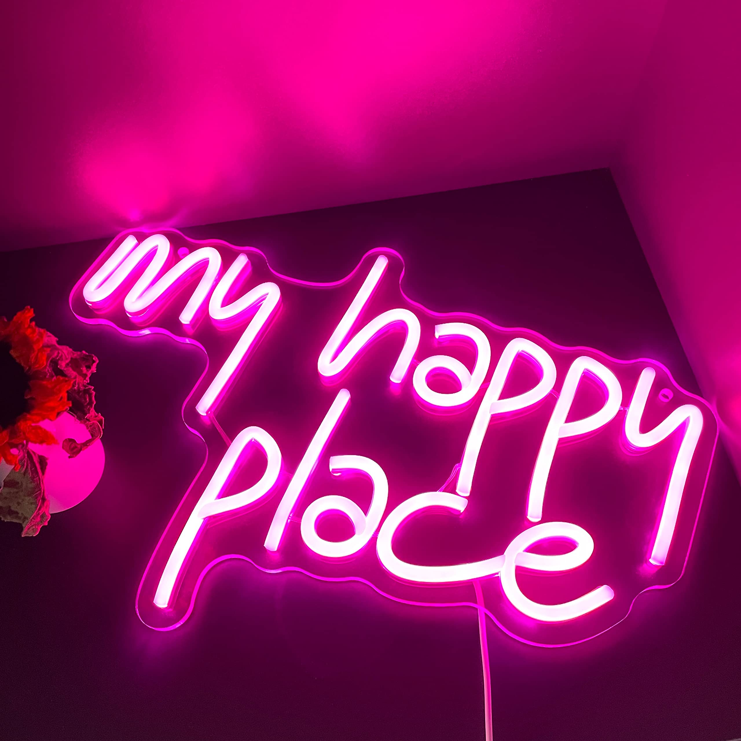 GGK My Happy Place Neon Sign - Pink LED Wall Decor with Custom Neon Letters for Bedroom, Living Room & Office Aesthetic | Perfect for Home Decor, Gifts & Instagrammable Spaces